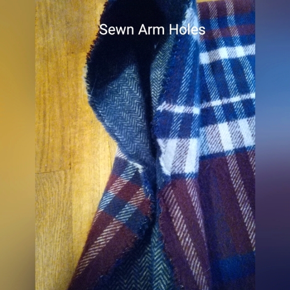 PONCHO - Plaid Soft Blanket Poncho in Red, White, and Blue with Tassles - Picture 7 of 9